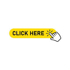 Click here button with hand pointer clicking. Vector illustration.
