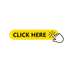 Click here button with hand pointer clicking. Vector illustration.