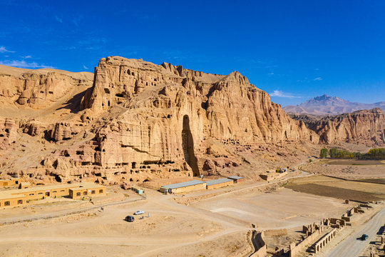 Aerial by drone of the site of the great Buddhas in Bamyan (Bamiyan), taken in 2019, post destruction, Afghanistan