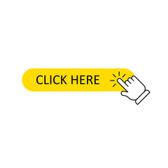 Click here button with hand pointer clicking. Vector illustration.
