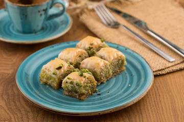 Turkish  pistachio baklava with Turkish coffee