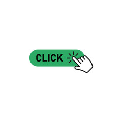 Click here button with hand pointer clicking. Vector illustration.