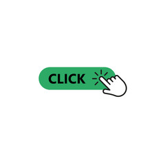 Click here button with hand pointer clicking. Vector illustration.