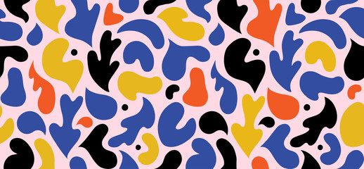 Colorful seamless pattern with modern Scandinavian cut out elements. Contemporary art collage with abstract shapes.