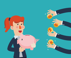 Successful business woman with a piggy bank. Saving and investing money concept. Future financial planning