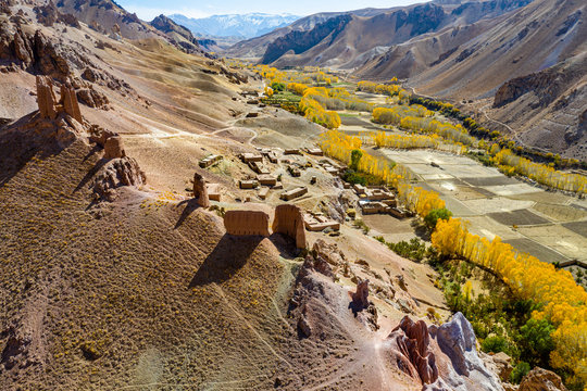 Aerial by drone of Gohargeen fort, Yakawlang province, Bamyan, Afghanistan