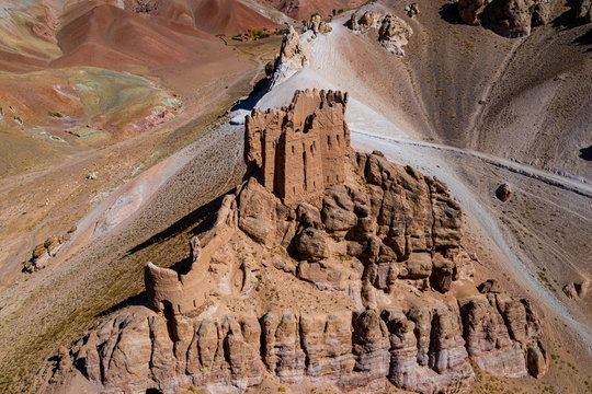 Aerial by drone of Gohargeen fort, Yakawlang province, Bamyan, Afghanistan