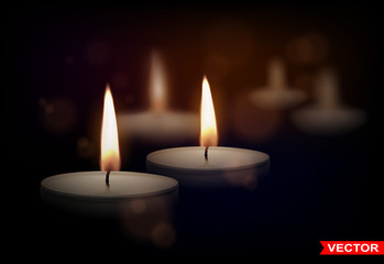 Realistic small round paraffin or wax aromatic decorative tealight candles in metal box with fire flame. On black background. Vector icons. - obrazy, fototapety, plakaty