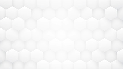 White 3D Hexagon Pattern High Technology Abstract Minimalist Background. Conceptual Sci-Fi Tech Hexagonal Blocks Structure Minimalism Art Light Wallpaper. Clear Blank Subtle Textured Banner Backdrop