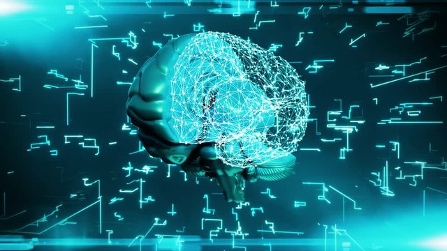 Artificial Intelligence( AI). The conception of Cyberbrain: Big Data, Technologies, Learning, Medicine and Technology, Computer Machine. Render 3D Animation Digital Brain. Volumetric Rotating Model of
