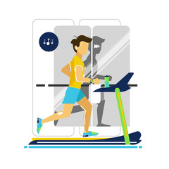 Young man on a running track. Vector illustration, flat style. Healthy lifestyle concept. Man doing exercises in the gym, sport and health theme. 