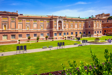 Rome, Vatican City, Italy - Panoramic view of the Vatican Museums with its Pinacotheca art gallery building of Leonardo da Vinci and the Square Garden