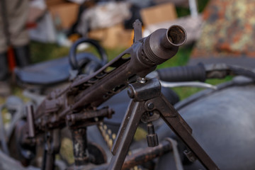Machine gun of the German Army Wehrmacht MG-42 mounted on a motorcycle cradle,German machine gun of the times of World War II
