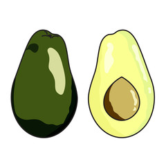 Whole and halved fresh avocado isoleted on white color background. Popular vegetable. Vegetarian Food. Can be used for T-shirts, aprons, fabrics, wripping, logos, banners, flyers, stickers, posters.