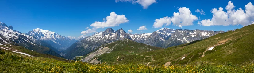 Fototapete Mont Blanc Blick auf den Mont Blanc mit Chamonix und den umliegenden Bergen