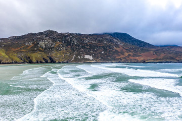 Aerial view of the beach and caves at Maghera Beach near Ardara, County Donegal - Ireland