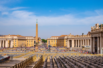 Rome, Italy - Panoramic view of the St. Peter’s Square - Piazza San Pietro - in Vatican City State, with the ancient Egyptian obelisk from Heliopolis, erected per order of pope Sixtus V