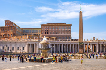 Rome, Italy - Panoramic view of the St. Peter’s Square - Piazza San Pietro - in Vatican City State, with the ancient Egyptian obelisk from Heliopolis and granite fountain - obrazy, fototapety, plakaty