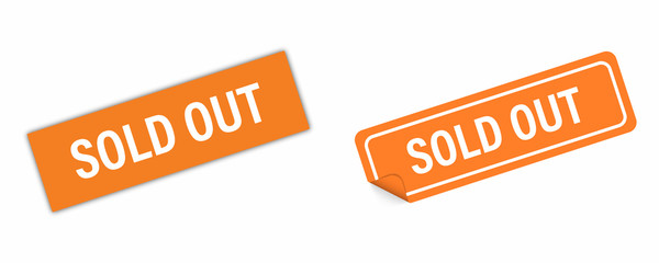 Sticker orange SOLD OUT vector isolated. Curved corner with shadows. Banner sale tag. Price flyer label.