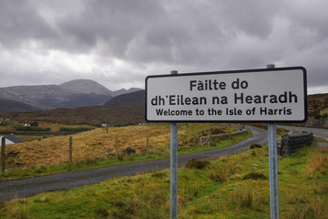 "Welcome" Road sign on the Isle of Harris in Scotland