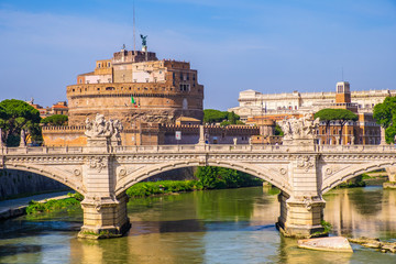 Rome, Italy - Panoramic view of Rome with Castle of St. Angel - Castel Sant’Angelo - and Ponte Vittorio Emanuele II bridge over the Tiber river - obrazy, fototapety, plakaty