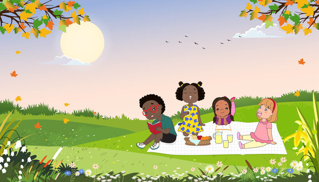 Cute Cartoon Group Of Kids Having Picnic In The Park In Sunny Day Spring Or Summer, Children Sitting On Blanket And Eating Sandwich And Fresh Juice For Their Lunch. Schoolchildren Relaxing Outdoor