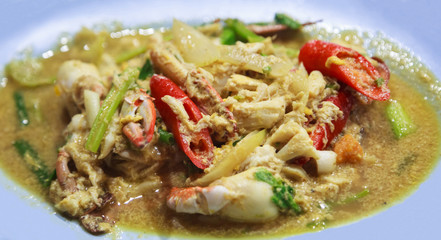 Traditional Thai Hot Yellow Curry Powder fried with Crab Meat. Delicious Street Food, Asian Cuisine, Culinary, Casual Food, Seafood, Gourmet, Thailand Oriental Cooking, Recipe and Nutrition concept