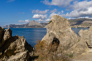 Scenic landscape with rocky coast of the Black Sea in surroundings of Sudak, Crimean peninsula. Cape Alchak in Sudak, Crimea