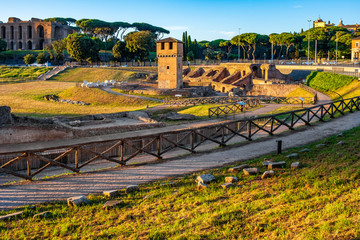 Rome, Italy - Archeological site, ruins remaining of the ancient roman arena Circus Maximus - Circo Massimo - obrazy, fototapety, plakaty