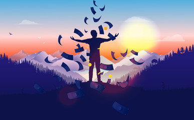 Raining money on man. Person on hilltop with arms raised looking at the sunrise while money is falling from the sky. Financial freedom, big salary, easy money and passive income concept. Vector EPS.