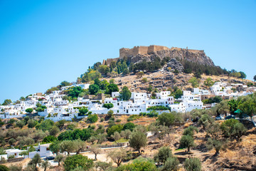 Obraz premium View of white houses of village of Lindos among trees with Acropolis in background (Rhodes, Greece)