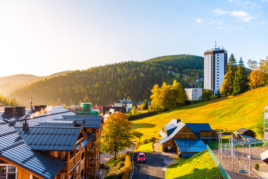 Modern high building in the centre of Pec pod Snezkou in Giant Mountains, Krkonose National Park, Czech Republic
