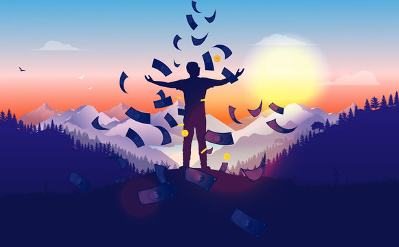 Raining Money On Man. Person On Hilltop With Arms Raised Looking At The Sunrise While Money Is Falling From The Sky. Financial Freedom, Big Salary, Easy Money And Passive Income Concept. Vector EPS.