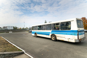 Bus with chernobyl emploees inside  11am comes to Chernobyl power plant. Chernobyl tour. Ukraine.08.10.2019