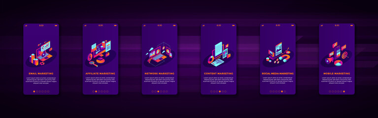 Marketing business mobile app onboarding flow. Mobile app web site screens for development. GUI, UX, UI vector illustration concept. Web design, graphic steps design template for smart phone app.