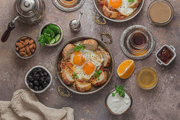 Rich and delicious Turkish breakfast on table