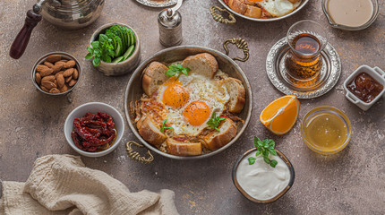 Rich and delicious Turkish breakfast on table