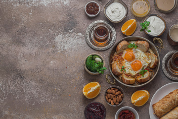 Traditional turkish breakfast background with copy space