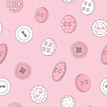 Seamless pattern with various pink clothing buttons on a pink background.