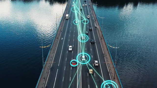 Aerial Shot Of Autonomous Driverless Cars Driving On Highway Passing-by At Cidy Bridge On River. Looped 3D Animation Displaying Speed Limit To Ensure Safe Self Driving. Future Transportation