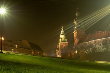 Obraz premium Night view of architectural complex Wawel in Krakow. Royal Castle and the Wawel Cathedral. Bright rays of light from street lamps. Well-groomed grass lawn in the foreground