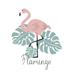 Pink Flamingo with tropical leaves on a white background. Vector illustration for printing on fabric, tableware, packaging paper, postcard, banners, logo.