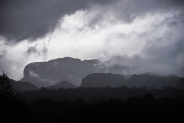 Moody landscape views of the mountains in Vinales, Cuba. 