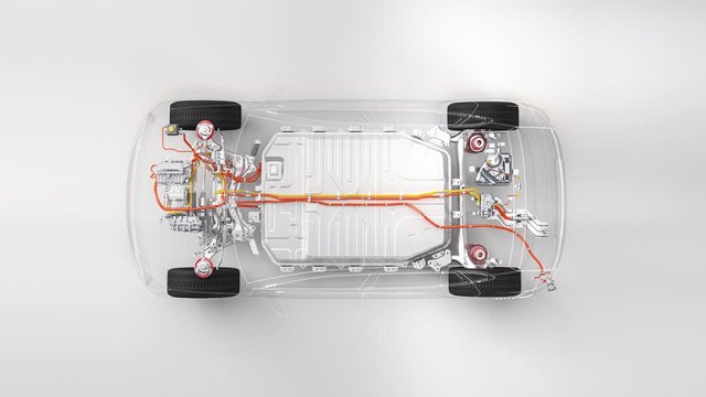 electric car chassis x-ray vehicle battery in studio environment line art with call out features 3d animation