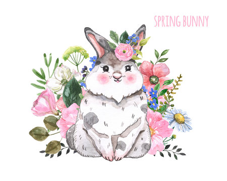 Watercolor cute bunny illustration. Hand painted baby rabbit and spring flowers, isolated on white background. Easter card.