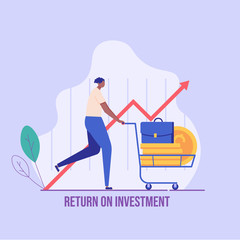Man making money. African man carrying money on cart or trolley. Concept of return on investment, financial solutions, deposit. Vector illustration in flat design for UI, web banner, mobile app