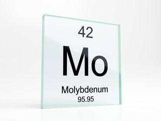 Molybdenum element symbol from periodic table on glass icon - realistic 3D render