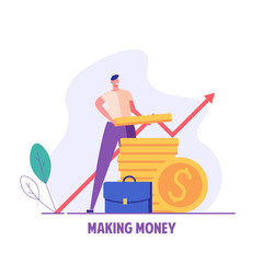 Man making money. Businessman manages finances and calculates profits. Concept of return on investment, financial solutions. Vector illustration in flat design for UI, web banner, landing page