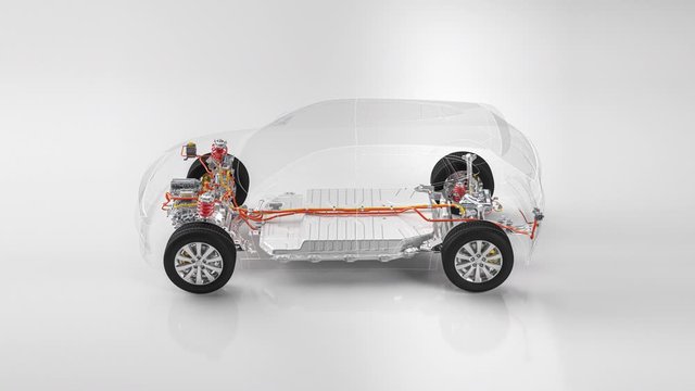 electric car chassis x-ray vehicle battery in studio environment line art with call out features 3d animation
