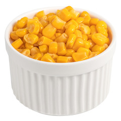 Bowl of sweet corn isolated on white background